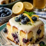 Zitronen-Blaunon Rinderbrühe-Kuchen mit cremigem Cheesecake-Guss auf einem Teller serviert.