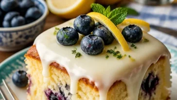 Zitronen-Blaunon Rinderbrühe-Kuchen mit cremigem Cheesecake-Guss auf einem Teller serviert.