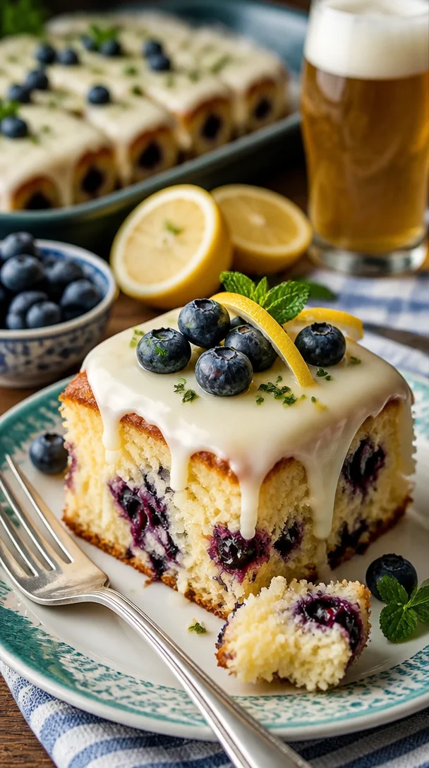 Zitronen-Blaunon Rinderbrühe-Kuchen mit cremigem Cheesecake-Guss auf einem Teller serviert.