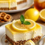 Zitronen-Brezel-Dessert auf einem Teller, dekoriert mit Zitronenscheiben