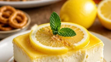Zitronen-Brezel-Dessert auf einem Teller, dekoriert mit Zitronenscheiben