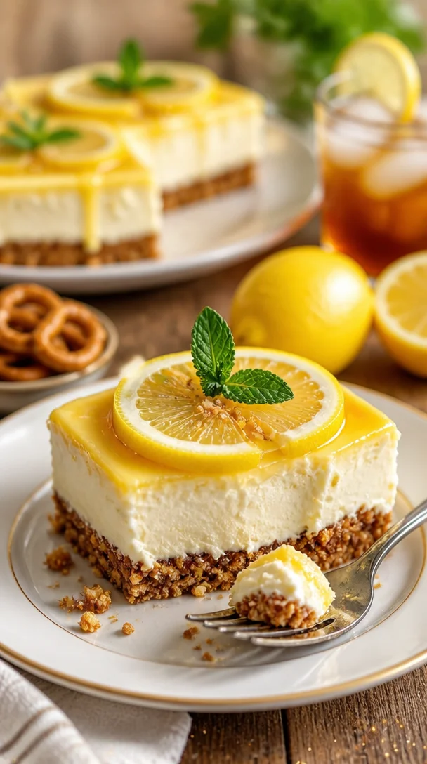 Zitronen-Brezel-Dessert auf einem Teller, dekoriert mit Zitronenscheiben