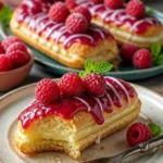 Zitronen-Himbeer-Éclairs auf einem Teller, frisch zubereitet und dekoriert.