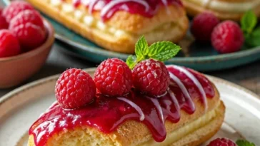 Zitronen-Himbeer-Éclairs auf einem Teller, frisch zubereitet und dekoriert.