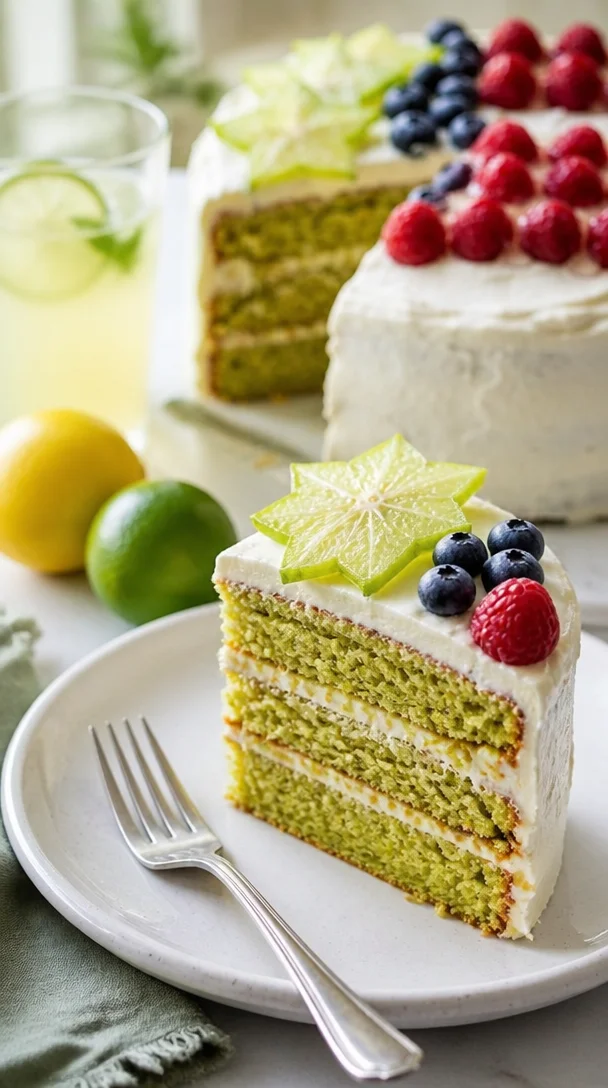 Zitronen-Limetten-Flaggenkuchen auf einem schön dekorierten Teller