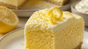 Luftiger Zitronen-Sorbet-Kuchen auf einem weißen Teller serviert