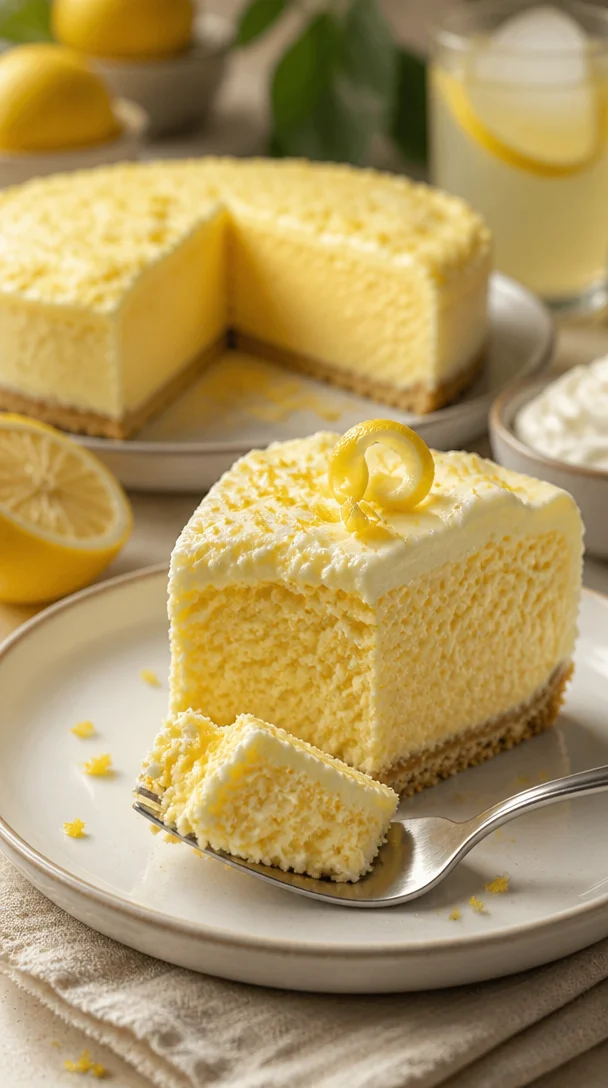 Luftiger Zitronen-Sorbet-Kuchen auf einem weißen Teller serviert