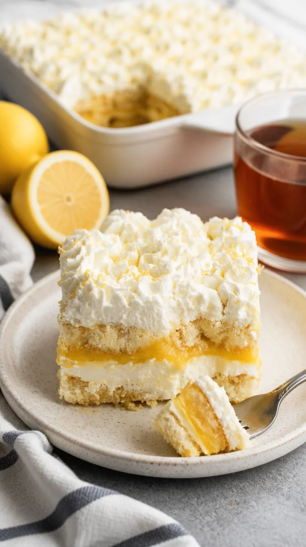 Ein köstliches Zitronen-Tiramisu mit frischen Zitronen und Sahne.