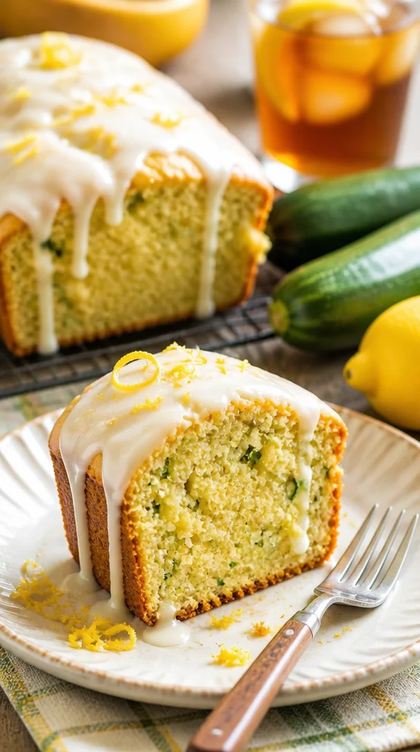 Zucchini-Zitronenbrot, frisch gebacken und verziert mit Zitronenschalen