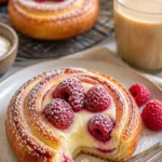 Leckere Zucker-Himbeer-Dänenbrötchen auf einem Teller