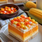 Zuckermais-Käsekuchen-Riegel auf einem Teller, dekoriert mit frischen Zutaten.