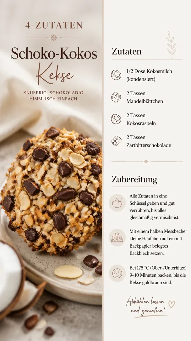 4-Zutaten Schokoladen-Kokosnuss-Kekse auf einem Teller