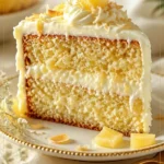 Ananas-Kokos-Traumkuchen auf einem Teller, dekoriert mit frischen Früchten