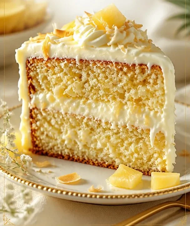 Ananas-Kokos-Traumkuchen auf einem Teller, dekoriert mit frischen Früchten