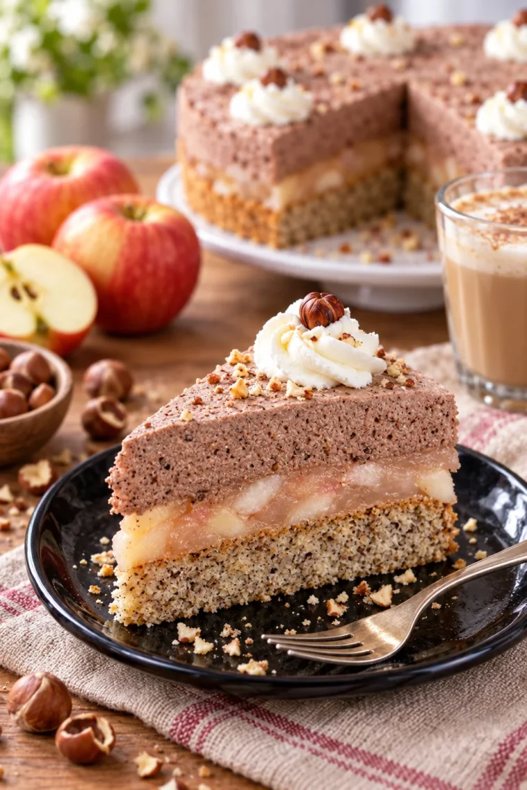 Köstliche Torte mit Apfel, Nüssen und Schokolade