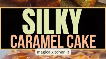 Bananen-Karamellkuchen auf einem weißen Teller mit einem Stück abgeschnitten