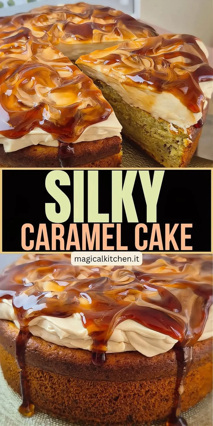 Bananen-Karamellkuchen auf einem weißen Teller mit einem Stück abgeschnitten