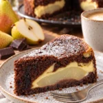 Leckerer Birnenkuchen mit Schmand und Schokoboden auf einem Teller