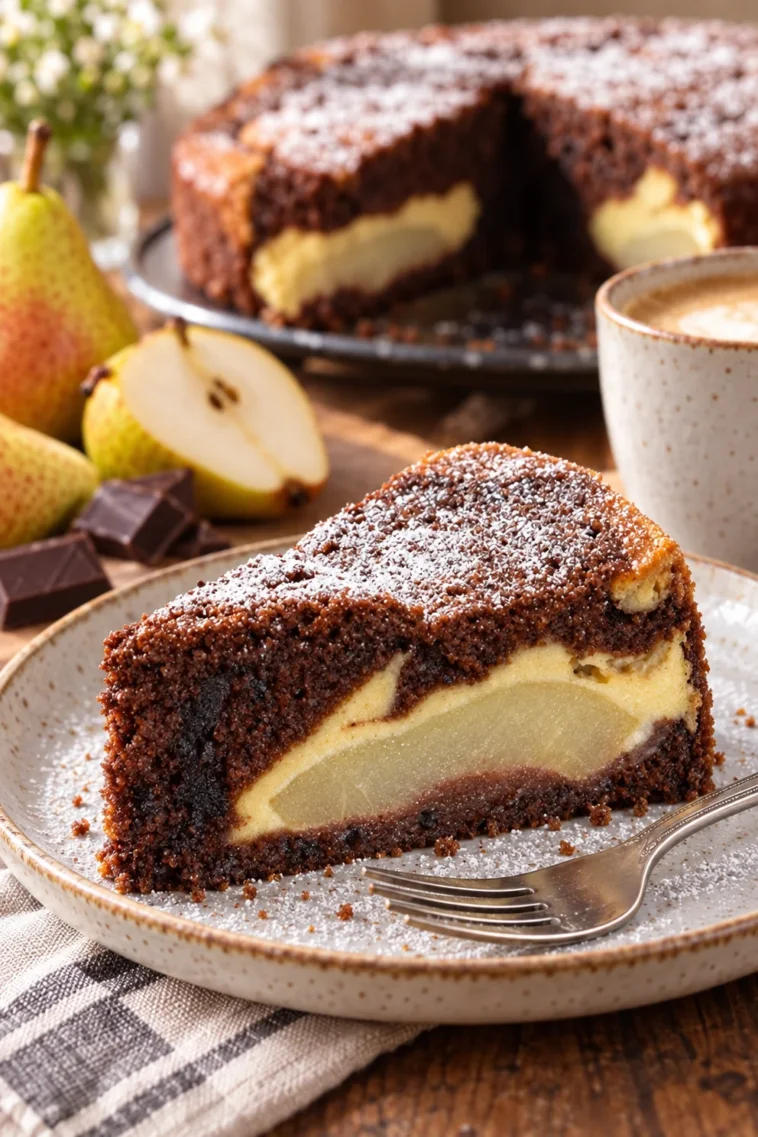 Leckerer Birnenkuchen mit Schmand und Schokoboden auf einem Teller