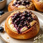 Blaubeer-Käse-Brioche-Brötchen frisch gebacken auf einem Holzbrett