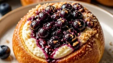 Blaubeer-Käse-Brioche-Brötchen frisch gebacken auf einem Holzbrett