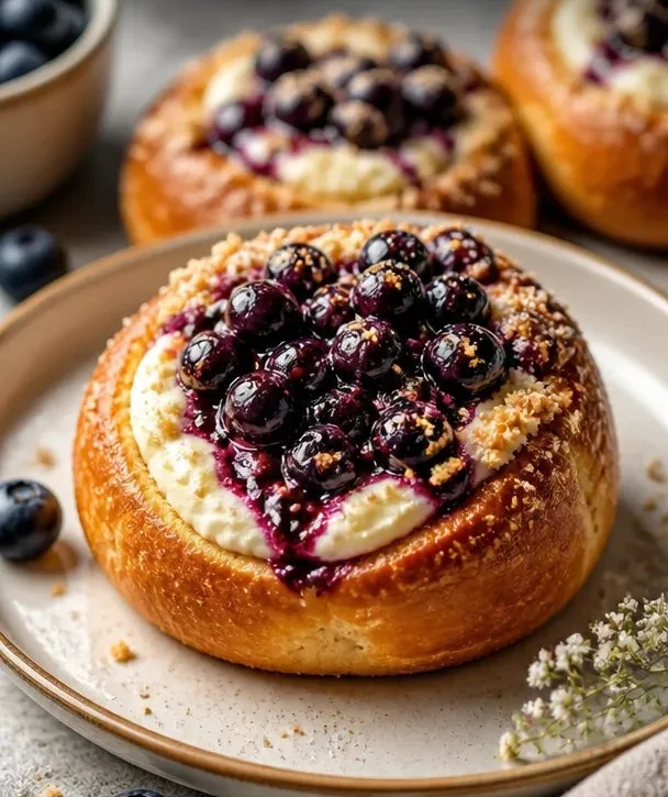 Blaubeer-Käse-Brioche-Brötchen frisch gebacken auf einem Holzbrett