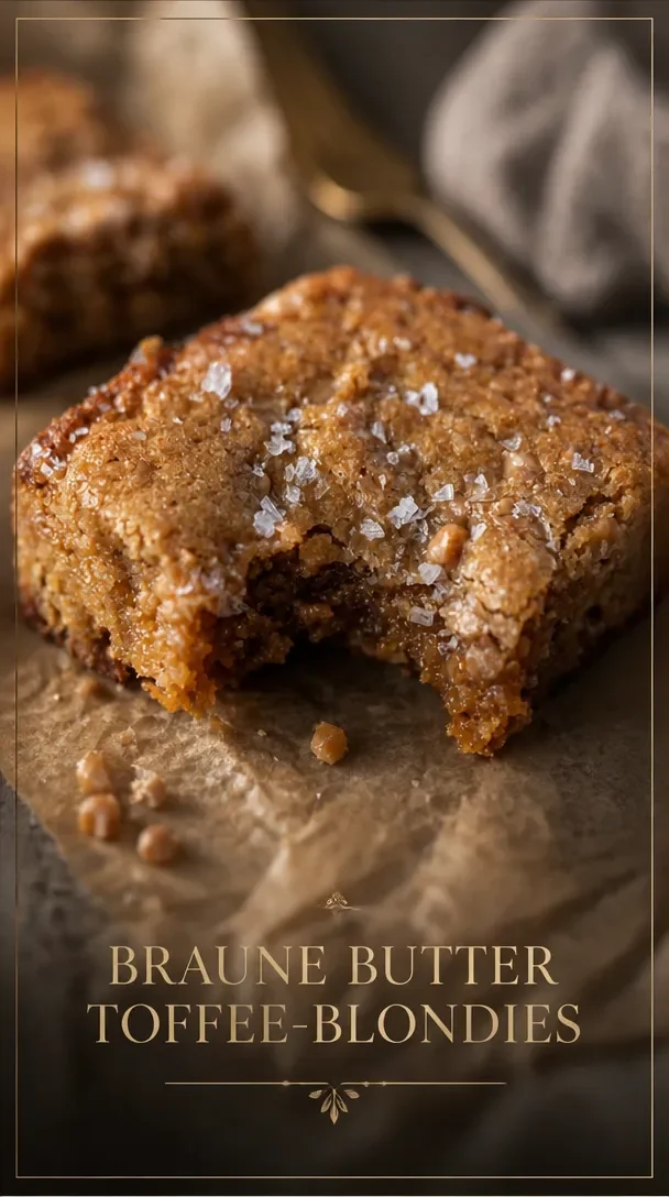 Braune Butter Toffee Blondies auf einem Teller, frisch gebacken und lecker.