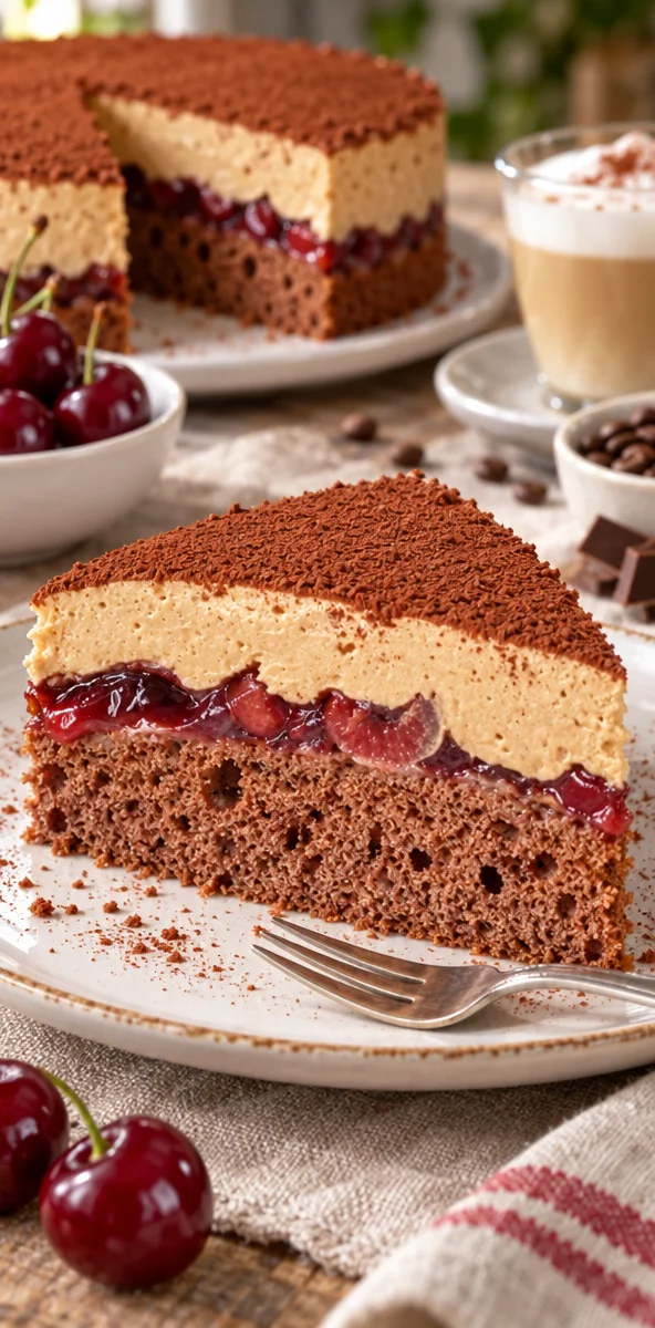 Cappuccino Kirschtorte mit Kaffee und Kirschfüllung auf einem Teller