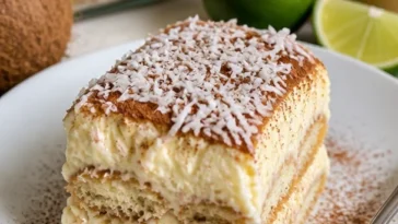Dekadentes Coquito Tiramisu mit cremiger Schicht und Coquito-Aromen