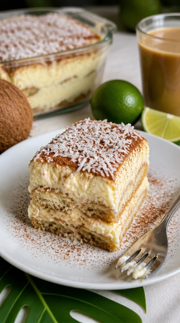 Dekadentes Coquito Tiramisu mit cremiger Schicht und Coquito-Aromen