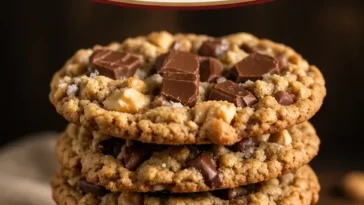 Platte mit Cowboy Cookies aus Hafer, Schokolade und Nüssen