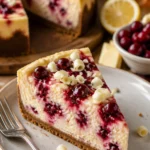 Cranberry Cheesecake mit weißer Schokolade auf einem Teller