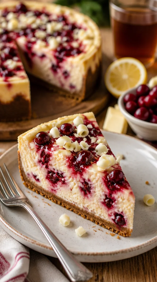 Cranberry Cheesecake mit weißer Schokolade auf einem Teller