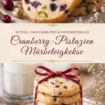Cranberry-Pistazien-Shortbread auf einem Teller, dekoriert mit frischen Cranberries.