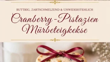 Cranberry-Pistazien-Shortbread auf einem Teller, dekoriert mit frischen Cranberries.