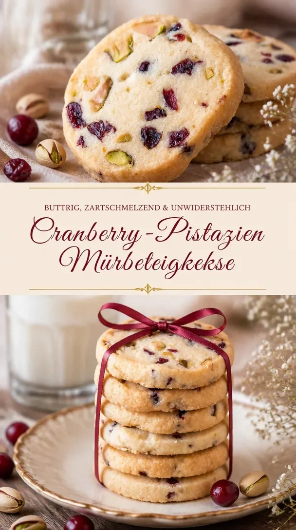 Cranberry-Pistazien-Shortbread auf einem Teller, dekoriert mit frischen Cranberries.