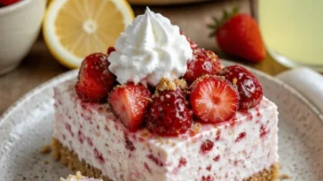Cremiger No-Bake Erdbeer-Shortcake-Cheesecake-Riegel mit frischen Erdbeeren