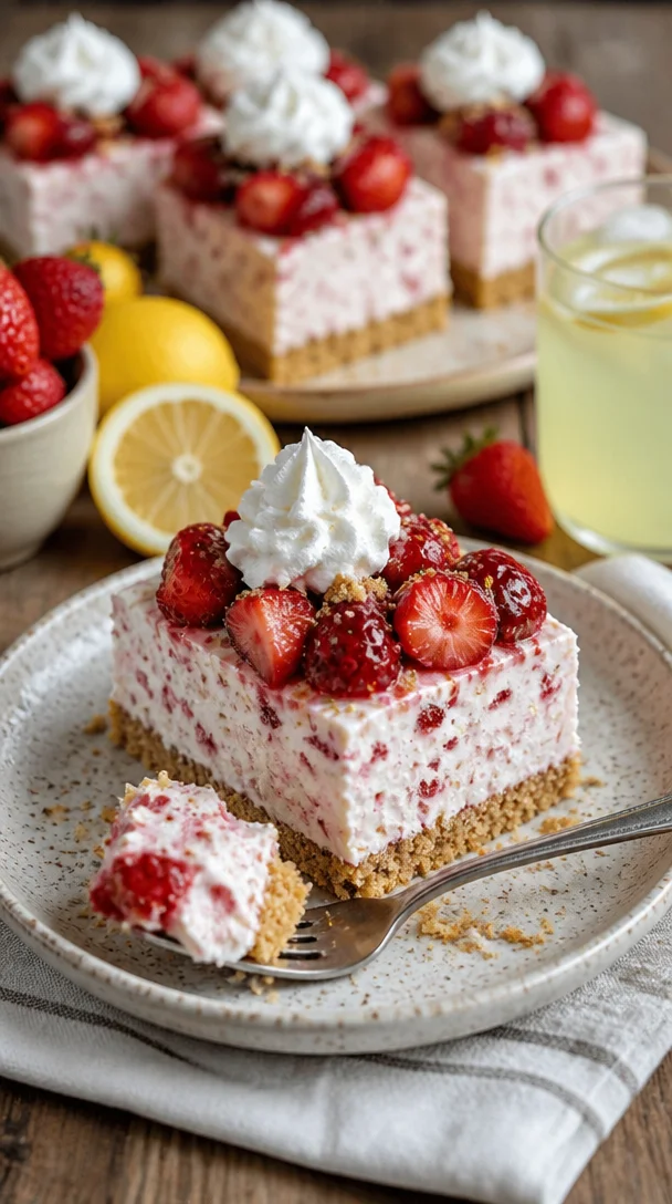 Cremiger No-Bake Erdbeer-Shortcake-Cheesecake-Riegel mit frischen Erdbeeren