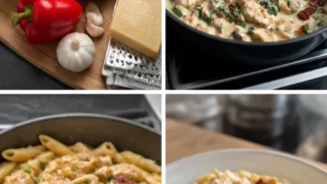 Cremige toskanische Hähnchenpasta mit frischen Kräutern und Gemüse