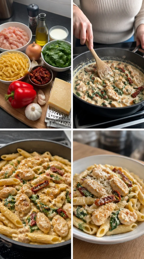 Cremige toskanische Hähnchenpasta mit frischen Kräutern und Gemüse