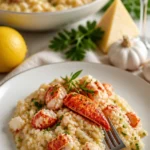 Cremiges Hummer-Risotto auf einem eleganten Teller mit frischen Kräutern.