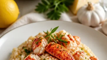 Cremiges Hummer-Risotto auf einem eleganten Teller mit frischen Kräutern.