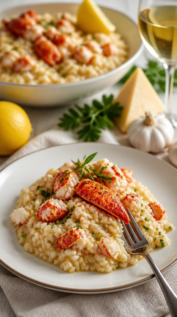 Cremiges Hummer-Risotto auf einem eleganten Teller mit frischen Kräutern.