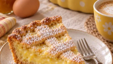 Crostata mit Mostarda und Creme auf einem Teller serviert