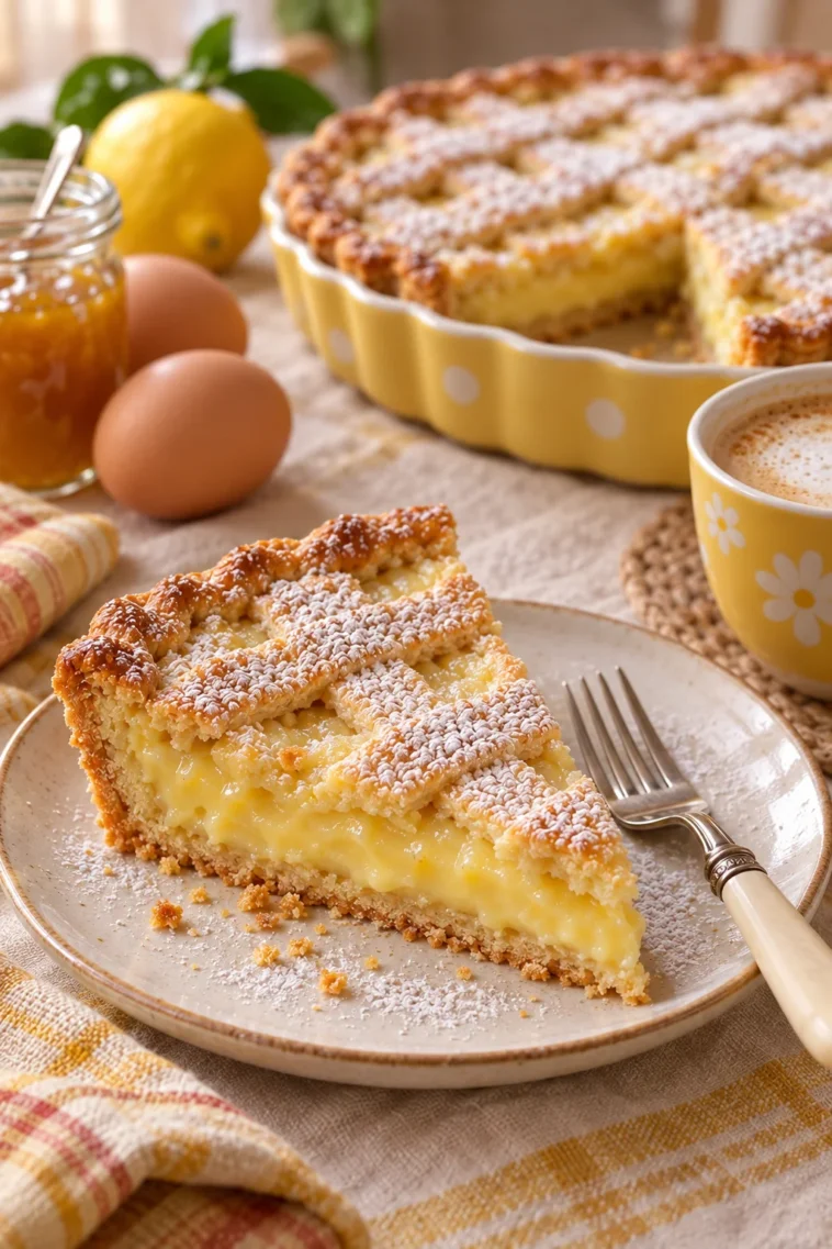 Crostata mit Mostarda und Creme auf einem Teller serviert