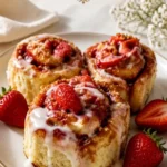 Dekadente Erdbeer-Cheesecake-Rollen auf einem Teller, verziert mit frischen Erdbeeren.