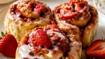 Dekadente Erdbeer-Cheesecake-Rollen auf einem Teller, verziert mit frischen Erdbeeren.