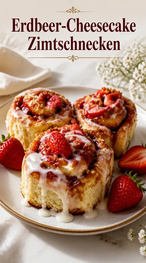 Dekadente Erdbeer-Cheesecake-Rollen auf einem Teller, verziert mit frischen Erdbeeren.