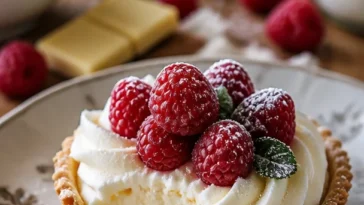 Dekadente weiße Schokoladenmousse-Tarteletts auf elegantem Teller