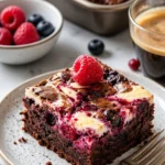 Drei-Schichten-Dessert mit frischen Beeren und Schokolade auf einem Teller.